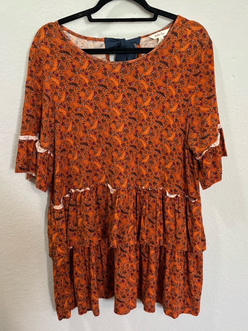 Matilda Jane Orange Floral Bow Back Ruffle Tiered Tunic Top Size Large